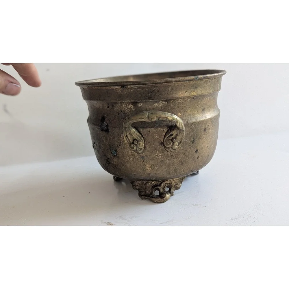 Vintage Hand Crafted Brass Footed Cauldron Planter Pot Handles Made in India